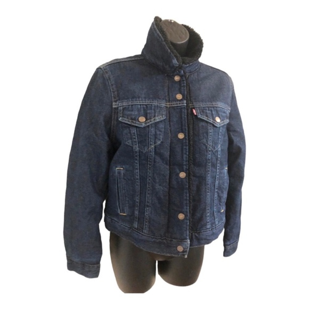 Levi’s ORIGINAL black SHERPA dark blue wash denim TRUCKER JACKET size XS new‎